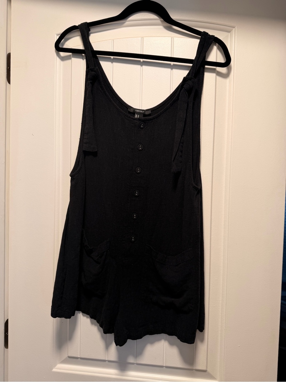 Lightweight Black Button-Front Overalls with Tie Straps